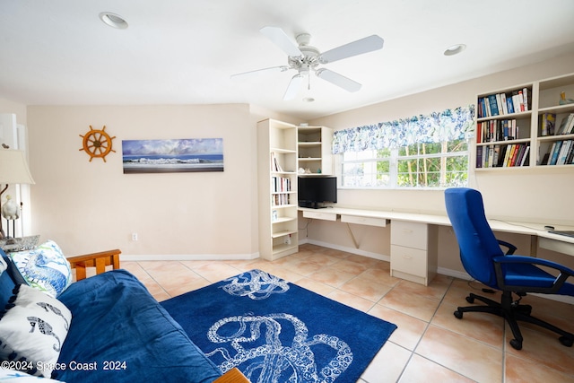 5280 95th St, Sebastian, FL 32958 - office area with light tile patterned floors, a ceiling fan, and recessed lighting