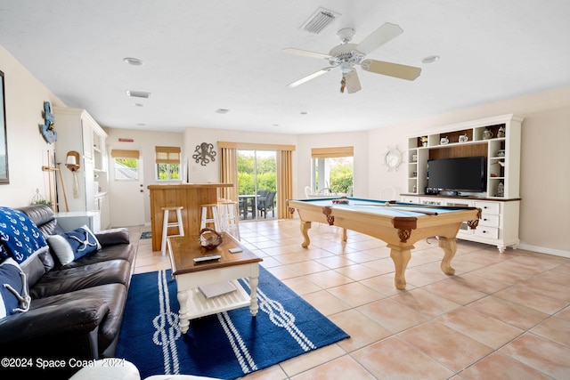 5280 95th St, Sebastian, FL 32958 - playroom with pool table, light tile patterned floors, and a ceiling fan