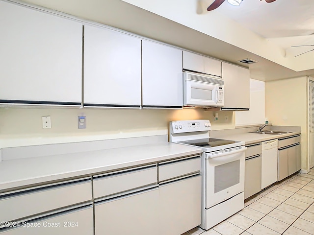 kitchen featuring ceiling fan, white appliances, a sink, white cabinets, and light countertops