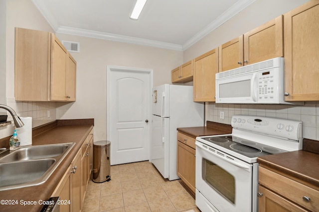 kitchen featuring ornamental molding, white appliances, sink, decorative backsplash, and light brown cabinets