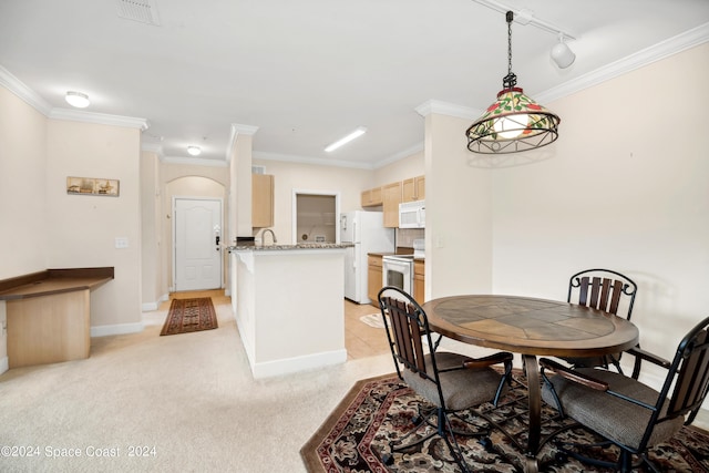 dining space featuring crown molding, light colored carpet, and track lighting