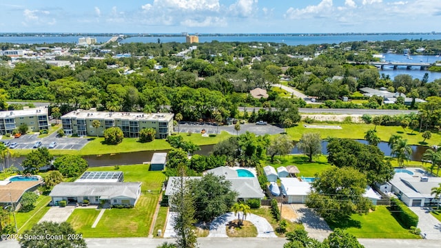 aerial view featuring a water view