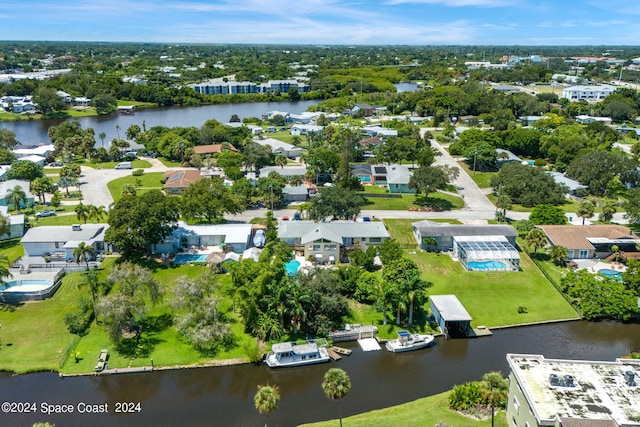 aerial view featuring a water view