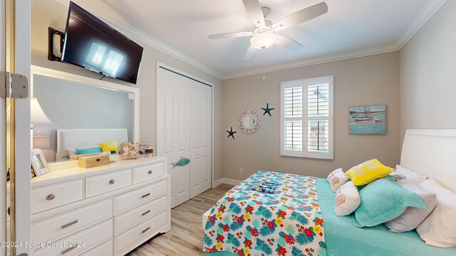 bedroom with crown molding, light hardwood / wood-style flooring, ceiling fan, and a closet