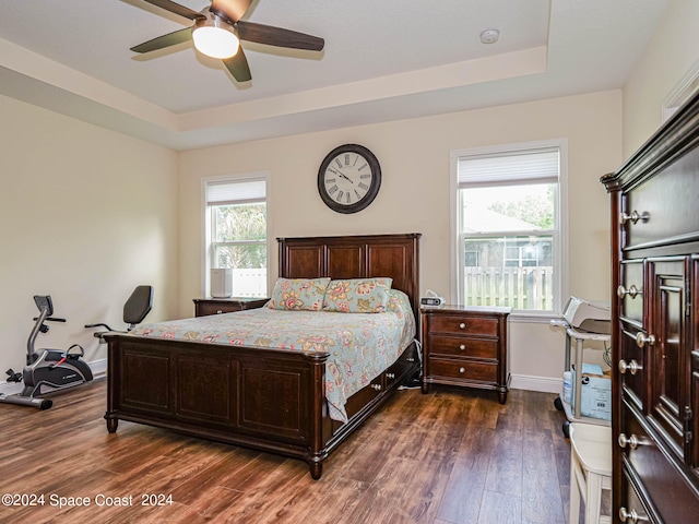 bedroom featuring a raised ceiling, dark hardwood / wood-style flooring, and ceiling fan