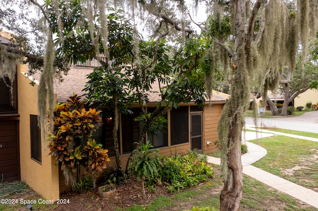 view of home's exterior with a shingled roof, a lawn, and stucco siding