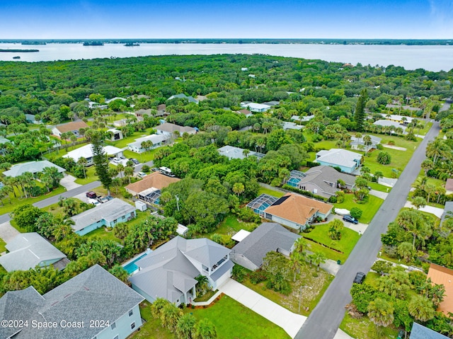 aerial view featuring a water view