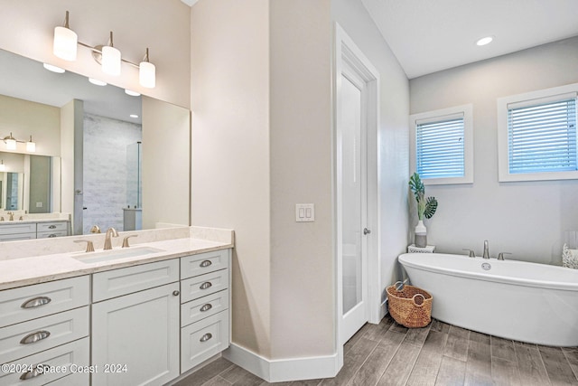 bathroom with vanity, plus walk in shower, and hardwood / wood-style flooring