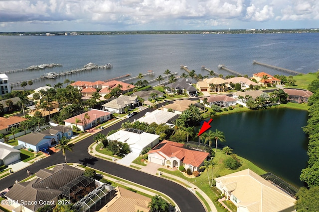 aerial view featuring a water view