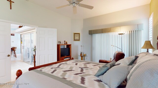 bedroom featuring light tile patterned flooring and ceiling fan