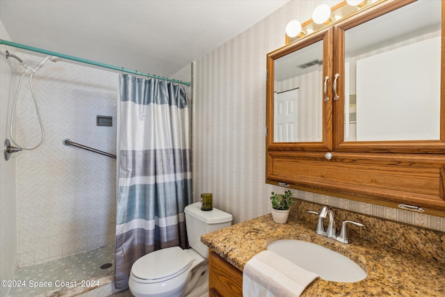 bathroom with vanity, toilet, and curtained shower