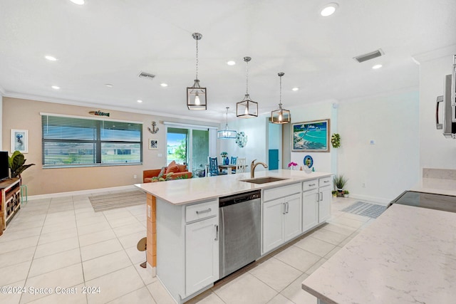 kitchen featuring light tile patterned floors, visible vents, ornamental molding, a sink, and dishwasher