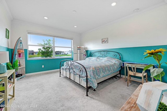 carpeted bedroom featuring crown molding, recessed lighting, and baseboards