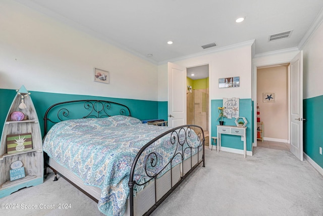 bedroom with visible vents, crown molding, baseboards, carpet flooring, and recessed lighting