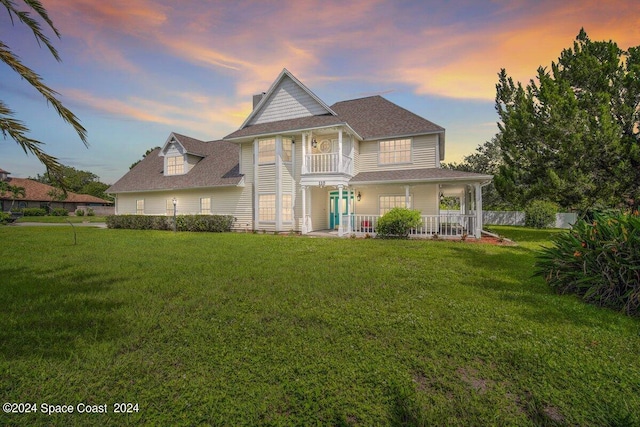 view of front of home featuring a lawn, a patio, and a balcony