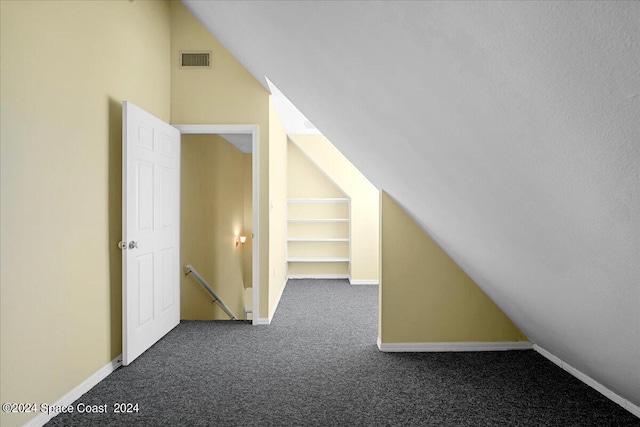 interior space featuring lofted ceiling, dark colored carpet, and a textured ceiling