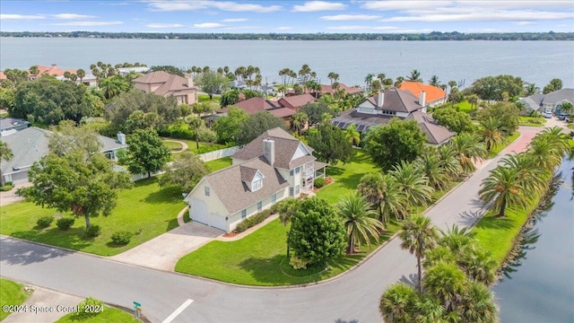 drone / aerial view featuring a water view