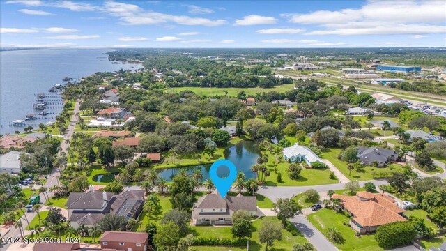 aerial view featuring a water view