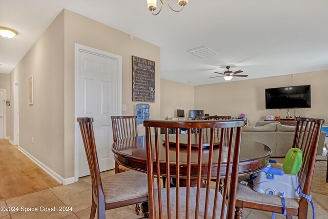 dining space with ceiling fan and light wood-type flooring