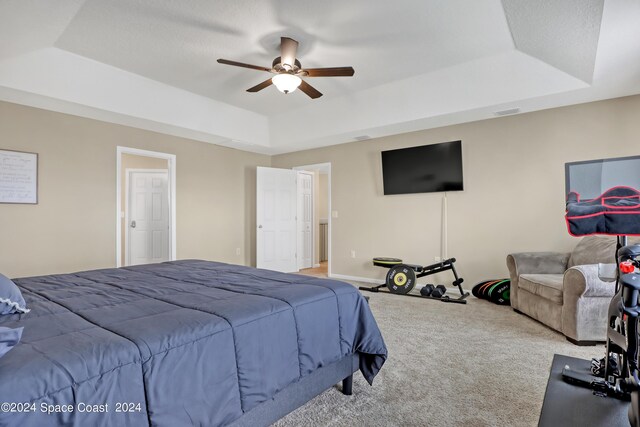 carpeted bedroom with a tray ceiling and ceiling fan