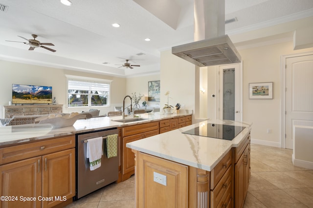 kitchen featuring island exhaust hood, light tile patterned floors, light stone countertops, stainless steel dishwasher, and a center island