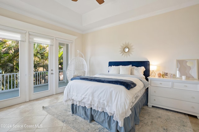 bedroom featuring light tile patterned flooring, access to outside, ceiling fan, and crown molding