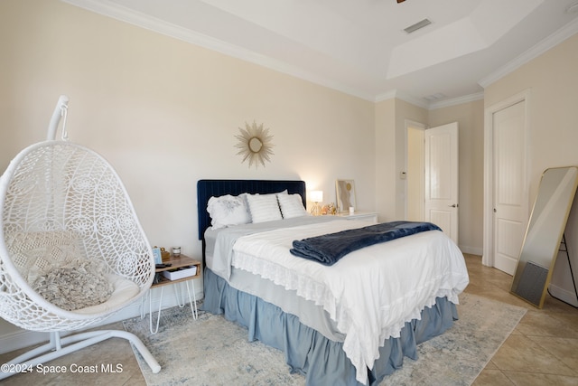 bedroom featuring light tile patterned floors and crown molding