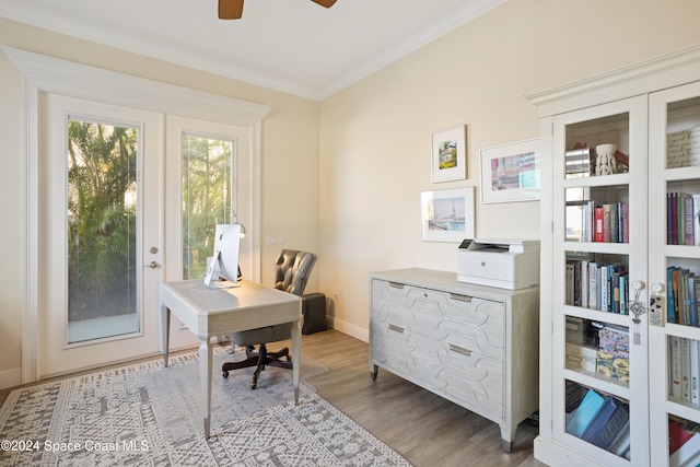 office area featuring french doors, wood-type flooring, ceiling fan, and crown molding