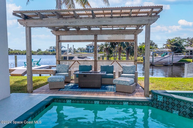 view of swimming pool with a patio, outdoor lounge area, a water view, and a pergola