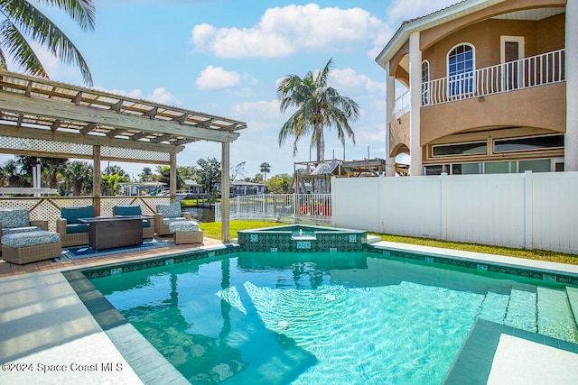 view of pool featuring a pergola, an in ground hot tub, a patio area, an outdoor living space, and a water view