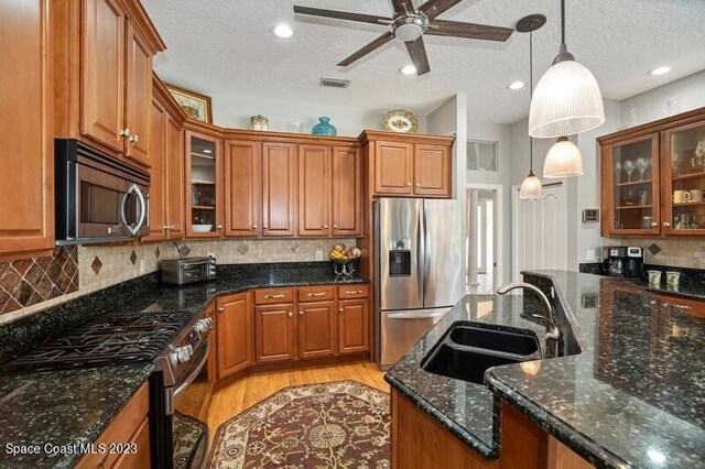 kitchen featuring hanging light fixtures, light hardwood / wood-style flooring, stainless steel appliances, sink, and ceiling fan