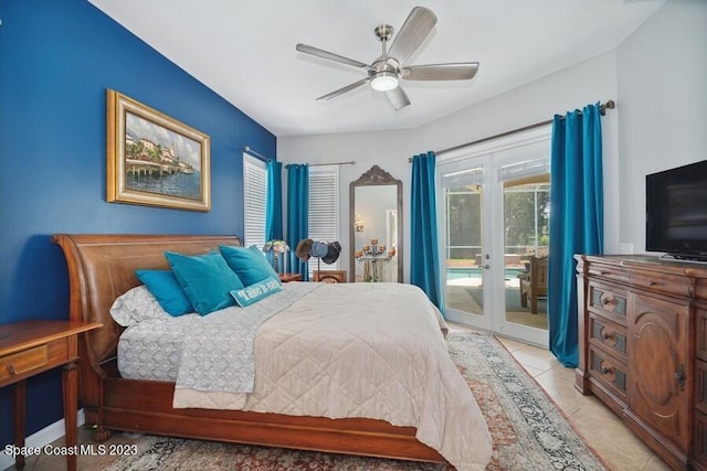 tiled bedroom featuring french doors, access to exterior, and ceiling fan