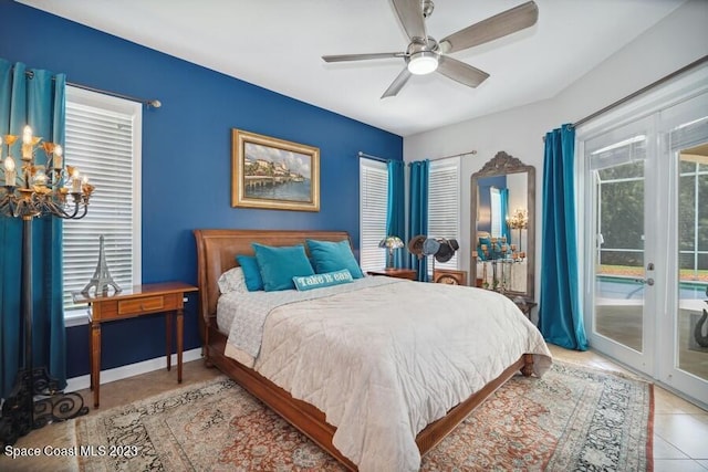 bedroom with light tile patterned flooring, ceiling fan, access to outside, and french doors