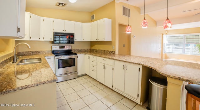 kitchen featuring kitchen peninsula, decorative light fixtures, sink, and electric range