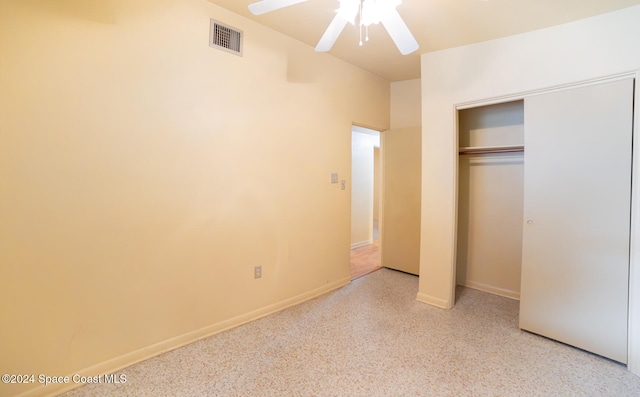 unfurnished bedroom with a closet and ceiling fan