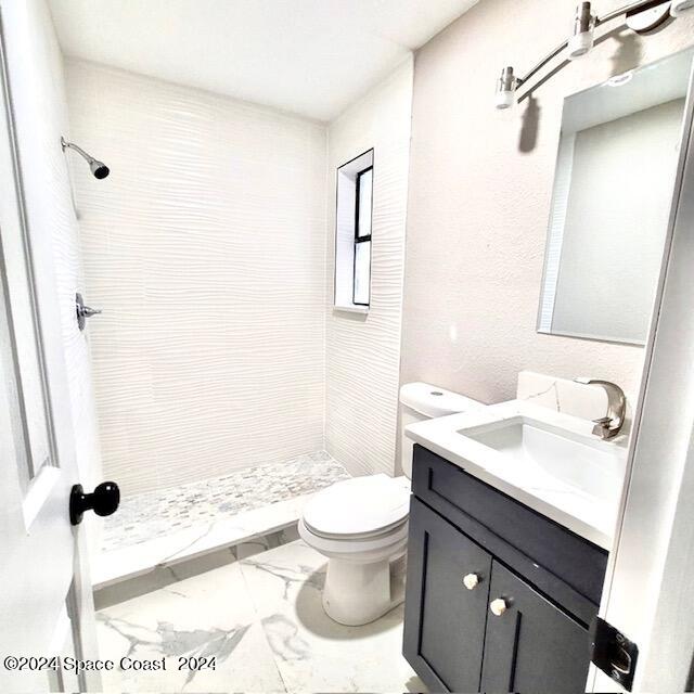 bathroom with vanity, toilet, and a tile shower