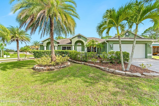 ranch-style home featuring a garage and a front lawn