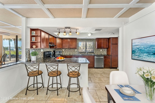 kitchen with tasteful backsplash, kitchen peninsula, stainless steel appliances, and a wealth of natural light