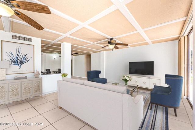 tiled living room featuring ceiling fan and coffered ceiling