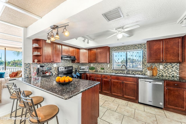 kitchen with appliances with stainless steel finishes, a healthy amount of sunlight, backsplash, and sink