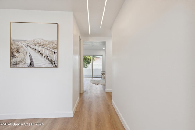 hall with baseboards and wood finished floors