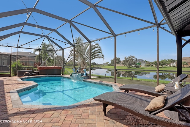 view of swimming pool with a patio, a water view, pool water feature, and a lanai