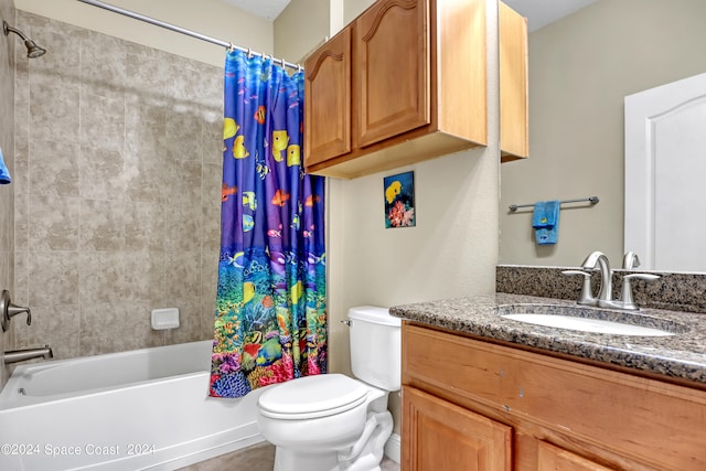 full bathroom featuring toilet, vanity, and shower / tub combo with curtain