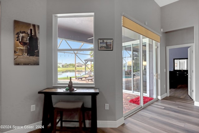 doorway featuring a water view, light wood-type flooring, and a wealth of natural light