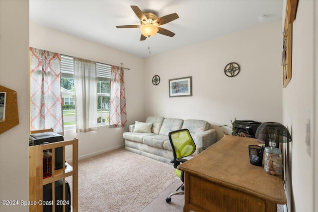 office area featuring carpet flooring and ceiling fan