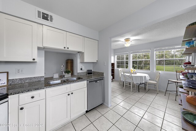 kitchen featuring stainless steel dishwasher, sink, ceiling fan, and white cabinets