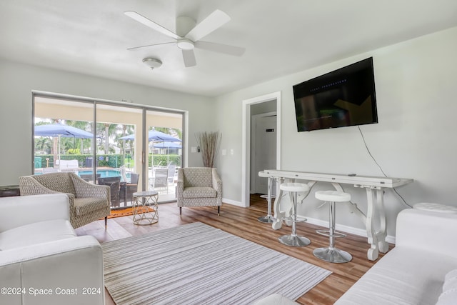 living room with ceiling fan and wood-type flooring