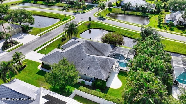 aerial view featuring a water view and a residential view