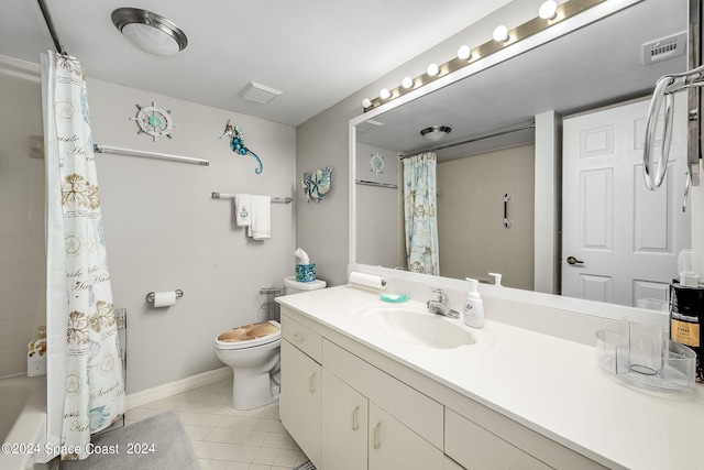 full bathroom with vanity, toilet, shower / tub combo with curtain, and tile patterned floors