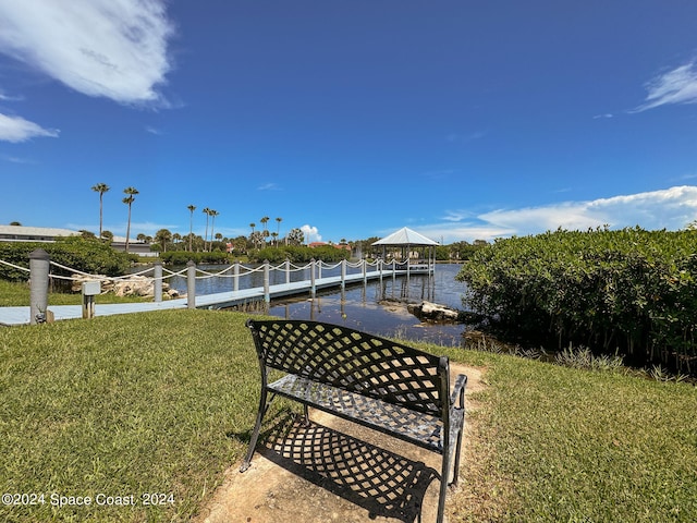 view of community with a water view and a lawn